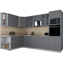 Готовая кухня Интерлиния Мила Gloss 1.88x3.0 левая (серый софт/серый софт/травертин серый)