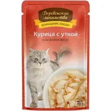 Консервированный корм для кошек Деревенские лакомства Курица с уткой в желе 70 г