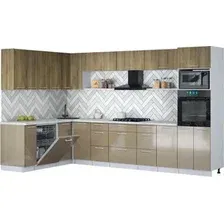 Готовая кухня Интерлиния Мила Gloss 1.896х3.38-2 (капучино глянец/дуб вотан/серый каспий)