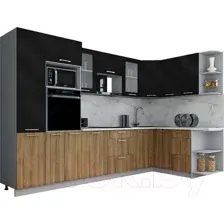 Готовая кухня Интерлиния Мила Gloss 1.68x3.2 правая (черный глянец/дуб вотан/травертин серый)