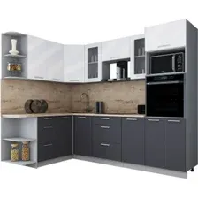 Готовая кухня Интерлиния Мила Gloss 1.68x2.6 правая (белый глянец/графит софт/травертин серый)