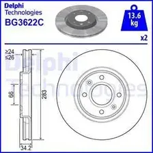 Тормозной диск DELPHI BG3622 вентилируемый , передняя ось