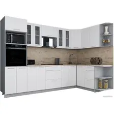 Готовая кухня Интерлиния Мила Gloss 1.68x3.0 правая (белый софт/белый софт/травертин серый)