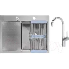 Мойка кухонная со смесителем Saniteco 6550-R + Spike F9S07000 (хром, с сифоном, дозатором и коландером)