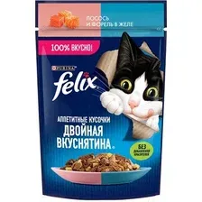 Влажный корм для кошек Felix Аппетитные кусочки. Двойная вкуснятина лосось и форель желе (75г)