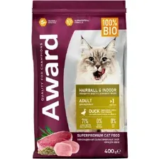 Сухой корм AWARD Hairball & Indoor для взрослых кошек для выведения шерсти с уткой и индейкой 400гр
