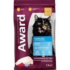 Сухой корм для кошек Award Sterilized с белой рыбой с доб. семян льна, клюквы и цикория (1.5кг)