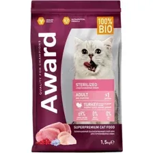 Корм для кошек Award Sterilized, для стерилизованных кошек, с индейкой и курицей с добавлением клюквы и цикория, 1.5 кг