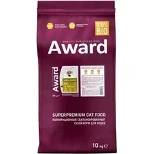 Сухой корм для кошек Award Adult Hairball & Indoor (для выведения шерсти с уткой и индейкой с добавлением зеленой чечевицы и Юкки Шидигера) 10 кг