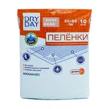 Пелёнки DRY DAY Super гигиенические одноразовые впитывающие, детские 0+, 60 х 90, 10 шт