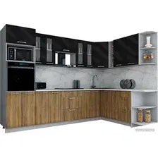 Готовая кухня Интерлиния Мила Gloss 1.88x3.0 правая (черный глянец/дуб вотан/травертин серый)