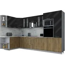 Готовая кухня Интерлиния Мила Gloss 1.68x3.4 левая (черный глянец/дуб вотан/травертин серый)