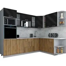 Готовая кухня Интерлиния Мила Gloss 1.88x2.6 правая (черный глянец/дуб вотан/травертин серый)
