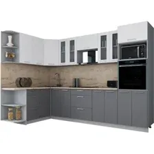 Готовая кухня Интерлиния Мила Gloss 1.68x3.0 левая (белый софт/серый софт/травертин серый)