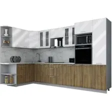 Готовая кухня Интерлиния Мила Gloss 1.68x3.4 левая (белый глянец/дуб вотан/травертин серый)