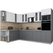 Готовая кухня Интерлиния Мила Gloss 1.88x3.0 левая (белый софт/серый софт/травертин серый)