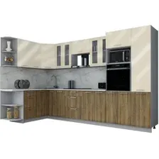 Готовая кухня Интерлиния Мила Gloss 1.68x3.4 левая (ваниль глянец/дуб вотан/травертин серый)