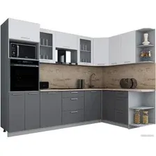 Готовая кухня Интерлиния Мила Gloss 1.68x2.8 правая (белый софт/серый софт/травертин серый)