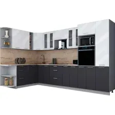 Готовая кухня Интерлиния Мила Gloss 1.88x3.4 левая (белый глянец/графит софт/травертин серый)