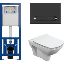 Унитаз подвесной Cersanit Carina New Clean On с инстал. Link Pro (с кнопкой Estetica 64112 черный/хром)
