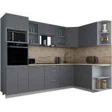 Готовая кухня Интерлиния Мила Gloss 1.68x2.8 правая (серый софт/серый софт/травертин серый)