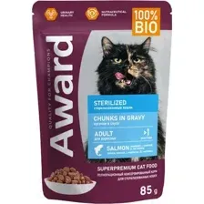 Влажный корм для кошек Award Sterilized для взрослых кошек кусочки в соусе с лососем (85г)