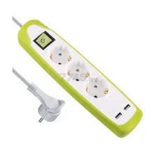 Удлинитель 2 м 3 розетки 2 USB с выключателем и заземлением ELECTRALINE белый/зеленый (62155)