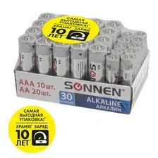 Батарейки SONNEN 30 (20+10) шт, Alkaline, AA+ААА (LR6+LR03), в коробке