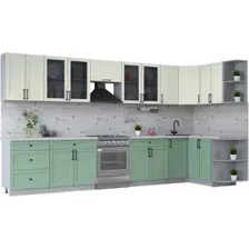 Готовая кухня Интерлиния Тренд 1.5x3.8 правая (мята/белый/бискайская сосна)