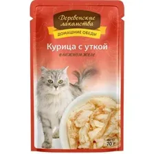 Влажный корм Деревенские лакомства для кошек с курицей и уткой в желе, 70 гр