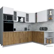 Готовая кухня Интерлиния Мила Gloss 1.88x2.6 правая (белый софт/дуб вотан/травертин серый)