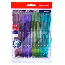 Ручки шариковые BRAUBERG X-30 COLOR MIX, КОМПЛЕКТ 12 ШТ., СИНИЕ, пишущий узел 1 мм, линия письма 0,5 мм