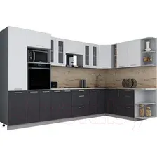 Готовая кухня Интерлиния Мила Gloss 1.88x3.4 правая (белый глянец/графит софт/травертин серый)