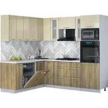 Готовая кухня Интерлиния Мила Gloss 1.896х2.38 (дуб вотан/ваниль глянец/серый каспий)