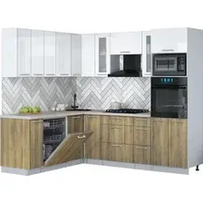 Готовая кухня Интерлиния Мила Gloss 1.896х2.38 (дуб вотан/белый глянец/травертин серый)