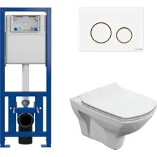 Унитаз подвесной Cersanit Carina New Clean On с инстал. Link Pro (с кнопкой Twins 63535 белый/золото)