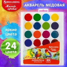 Краски акварельные BRAUBERG "МАГИЯ ЦВЕТА NEW", медовые, 24 цвета, круглые кюветы, пластиковый пенал