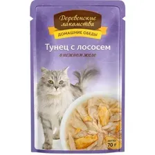 Консервированный корм для кошек Деревенские лакомства Тунец с лососем в желе 70 г