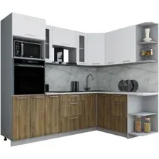 Готовая кухня Интерлиния Мила Gloss 1.68x2.4 правая (белый софт/дуб вотан/травертин серый)