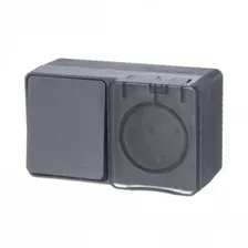 ATLASDESIGN PROFI IP54 О/У БЛОК: РОЗЕТКА с заземл. со шт., 16А, ВЫКЛЮЧАТЕЛЬ 1-клав., 10АХ, АНТРАЦИТ