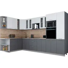 Готовая кухня Интерлиния Мила Gloss 1.88x3.4 левая (белый софт/серый софт/травертин серый)