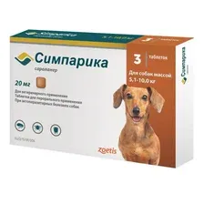 Симпарика Таблетки от блох и клещей для собак, 20 мг/5,1-10 кг