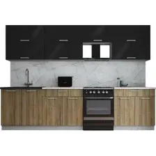 Кухонный гарнитур Interline Мила Gloss 60-30 (черный глянец/дуб вотан/травертин серый)