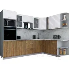Готовая кухня Интерлиния Мила Gloss 1.88x2.8 правая (белый глянец/дуб вотан/травертин серый)