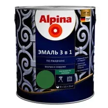 Эмаль Alpina по ржавчине 3 в 1 шелковисто-матовая RAL6002 (зел еный) 2,5 л (2,65 кг)