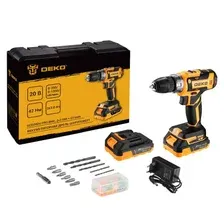 Дрель-шуруповерт аккумуляторная DEKO GCD20DU PRO SET 63 20В,42Нм,0-350/0-1350об/мин,сталь/дерево 10/28мм,подсветка,1.71кг,АКБ 2х3.0А/ч,ЗУ