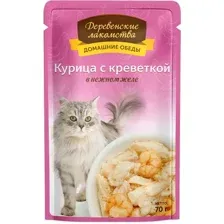 Консервированный корм для кошек Деревенские лакомства Курица с креветкой в желе 70 г