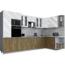 Готовая кухня Интерлиния Мила Gloss 1.68x3.4 правая (белый глянец/дуб вотан/травертин серый)