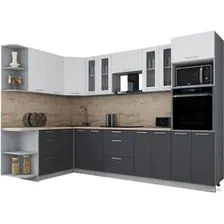 Готовая кухня Интерлиния Мила Gloss 1.68x3.0 левая (белый софт/графит софт/травертин серый)