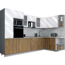 Готовая кухня Интерлиния Мила Gloss 1.68x3.2 правая (белый глянец/дуб вотан/травертин серый)